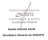 Signature de Basile MAHAN GAHE Secrétaire Général de DIGNITE